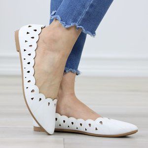 White Faux Leather Pointed Toe Flat Shoes Cute Laser Cut Perforated
